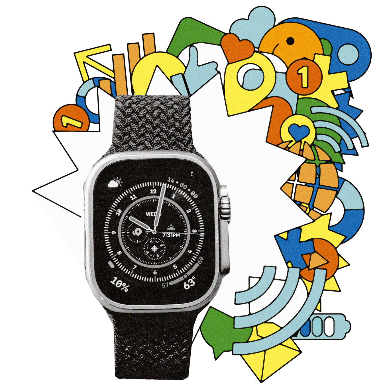 A smart watch with illustrated drawings.